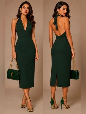 Dress The Population Halter Neck Deep V Back Green Midi Dress
